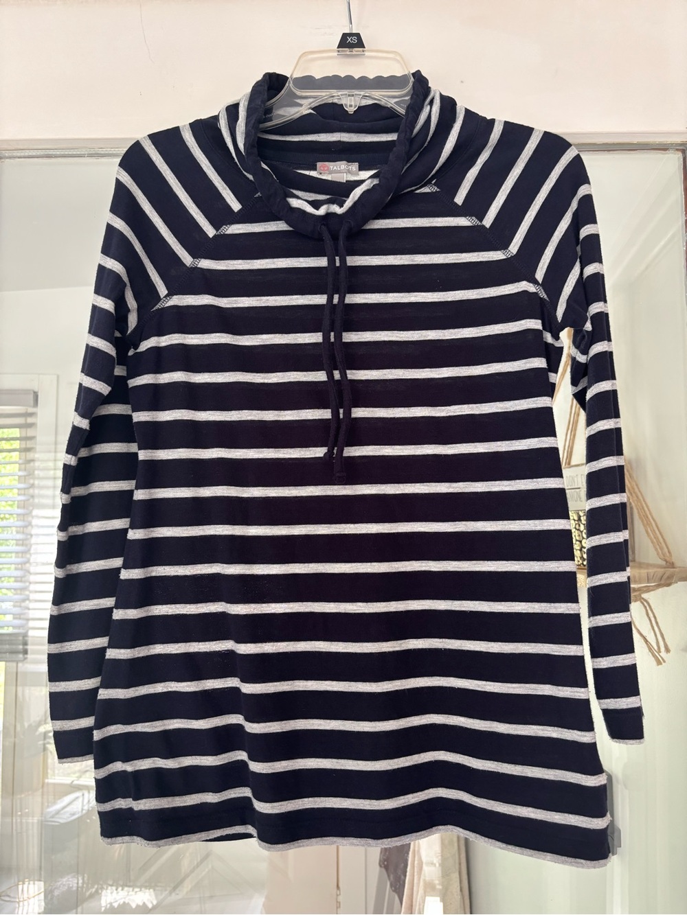 Talbots Black and Grey Striped Cowl Neck Pullover